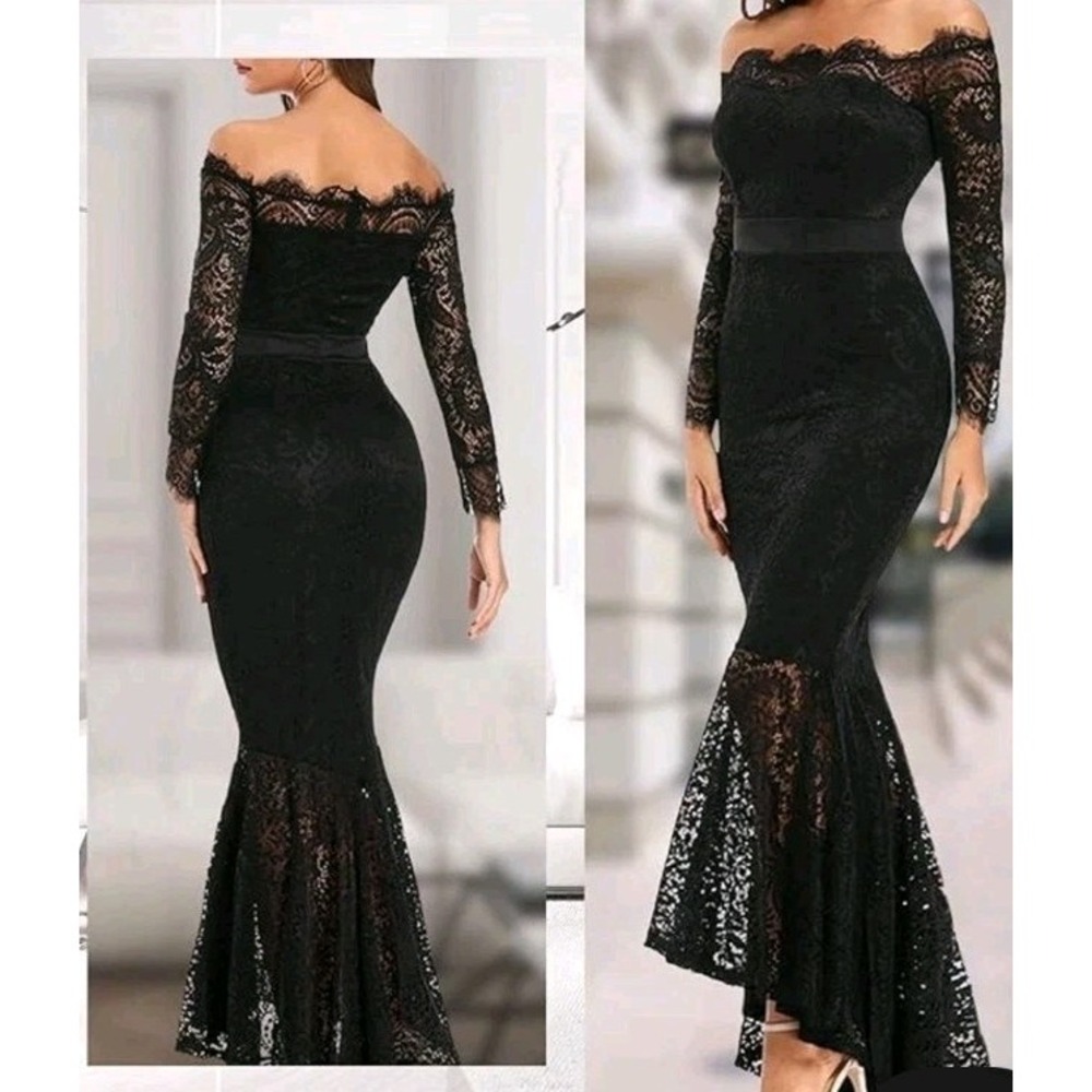 Black Lace Mermaid Evening Gown Large Long Sleeve Sheer Floral Goth‎ Witchy M/L